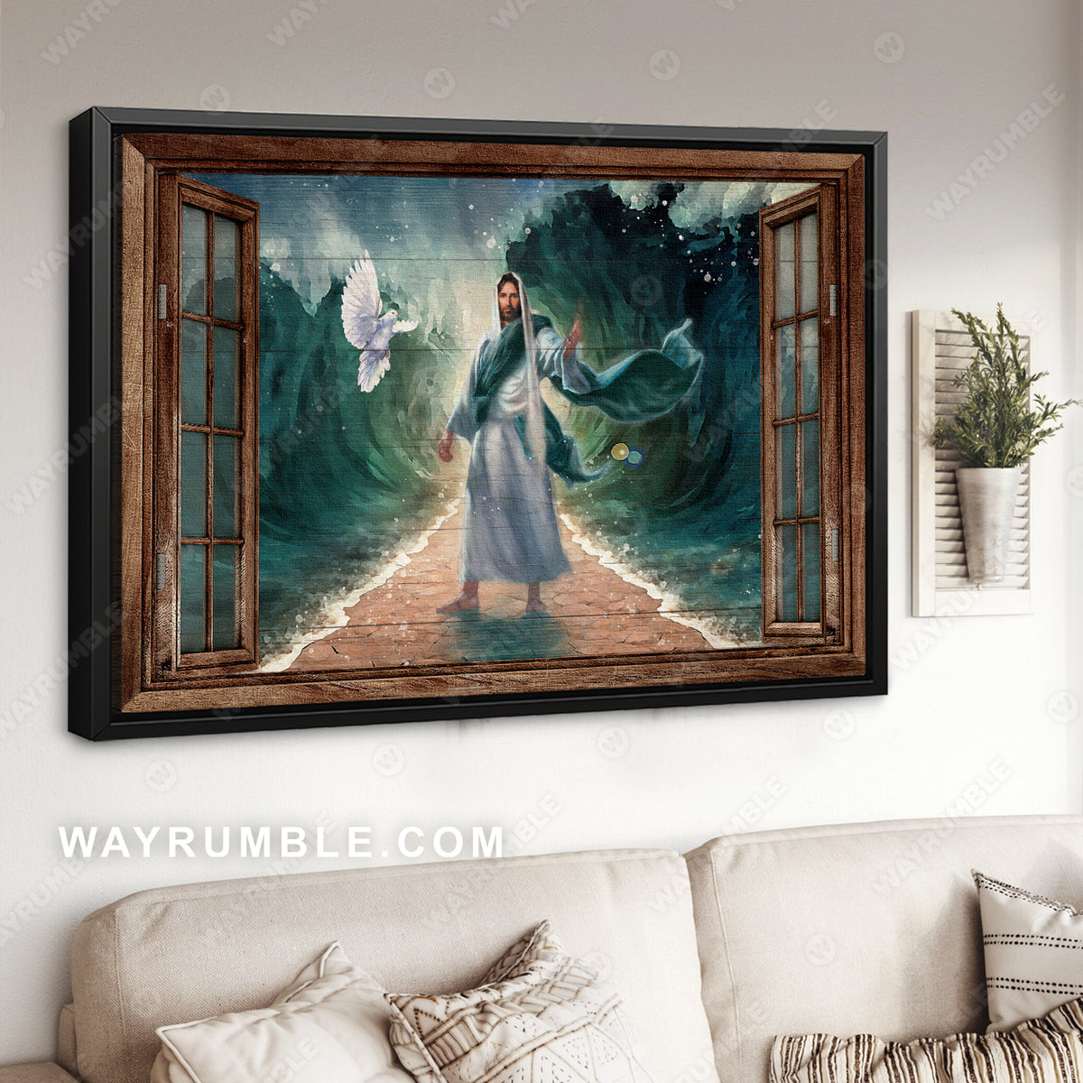 Deep ocean, White dove, Antique window, Walking with Jesus - Jesus Landscape Canvas Prints, Christian Wall Art