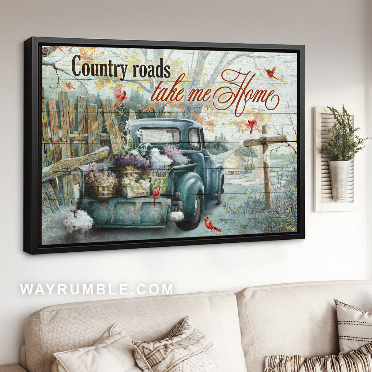 Pretty flower vase, Blue ladybug car, Red cardinal, Country roads take me home - Jesus Landscape Canvas Prints, Home Decor Wall Art