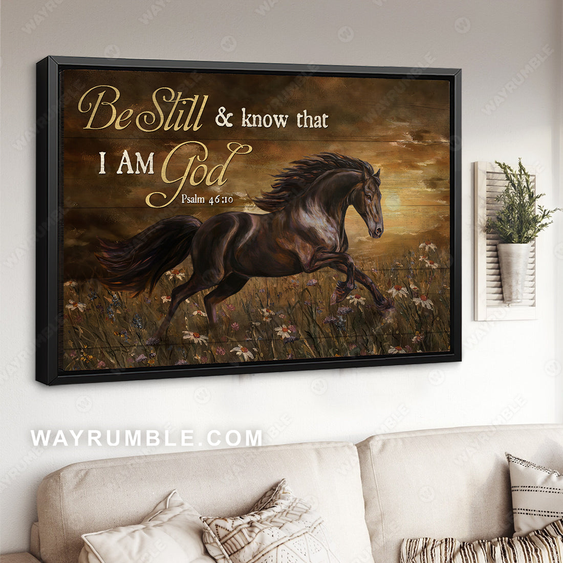 Running horse, Daisy field, Dark cloud, Be still and know that I am God - Jesus Landscape Canvas Prints, Christian Wall Art