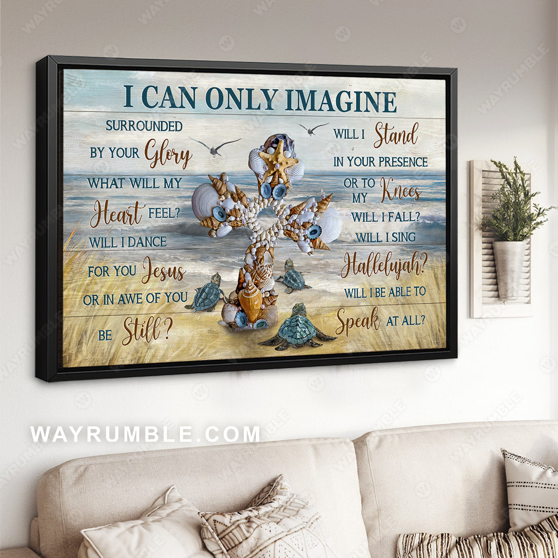 Beautiful cross, Sea turtle, Seagull, Beach painting, I can only imagine - Jesus Landscape Canvas Prints, Christian Wall Art