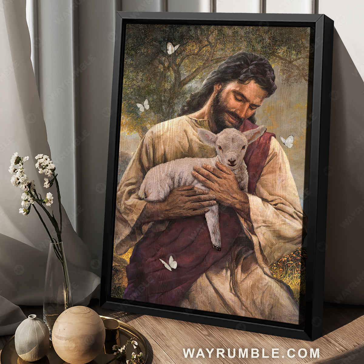 Peace drawing, Little lamb, Happy Jesus, Stunning scene - Jesus Portrait Canvas Prints, Home Decor Wall Art