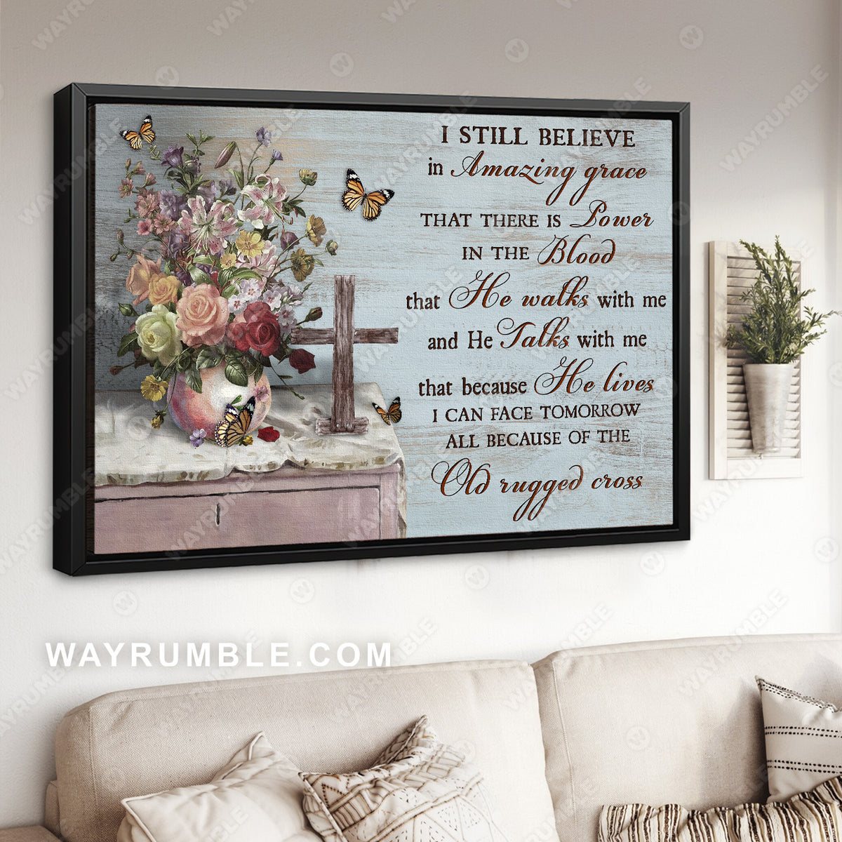 Brilliant flower vase, Orange butterfly, Cross symbol, I still believe in amazing grace - Jesus Landscape Canvas Prints, Christian Wall Art