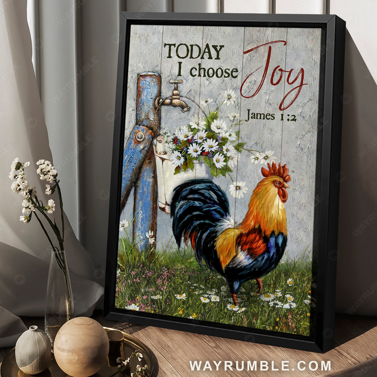Watercolor rooster, Daisy field, Meadow land, Today I choose joy - Jesus Portrait Canvas Prints, Christian Wall Art