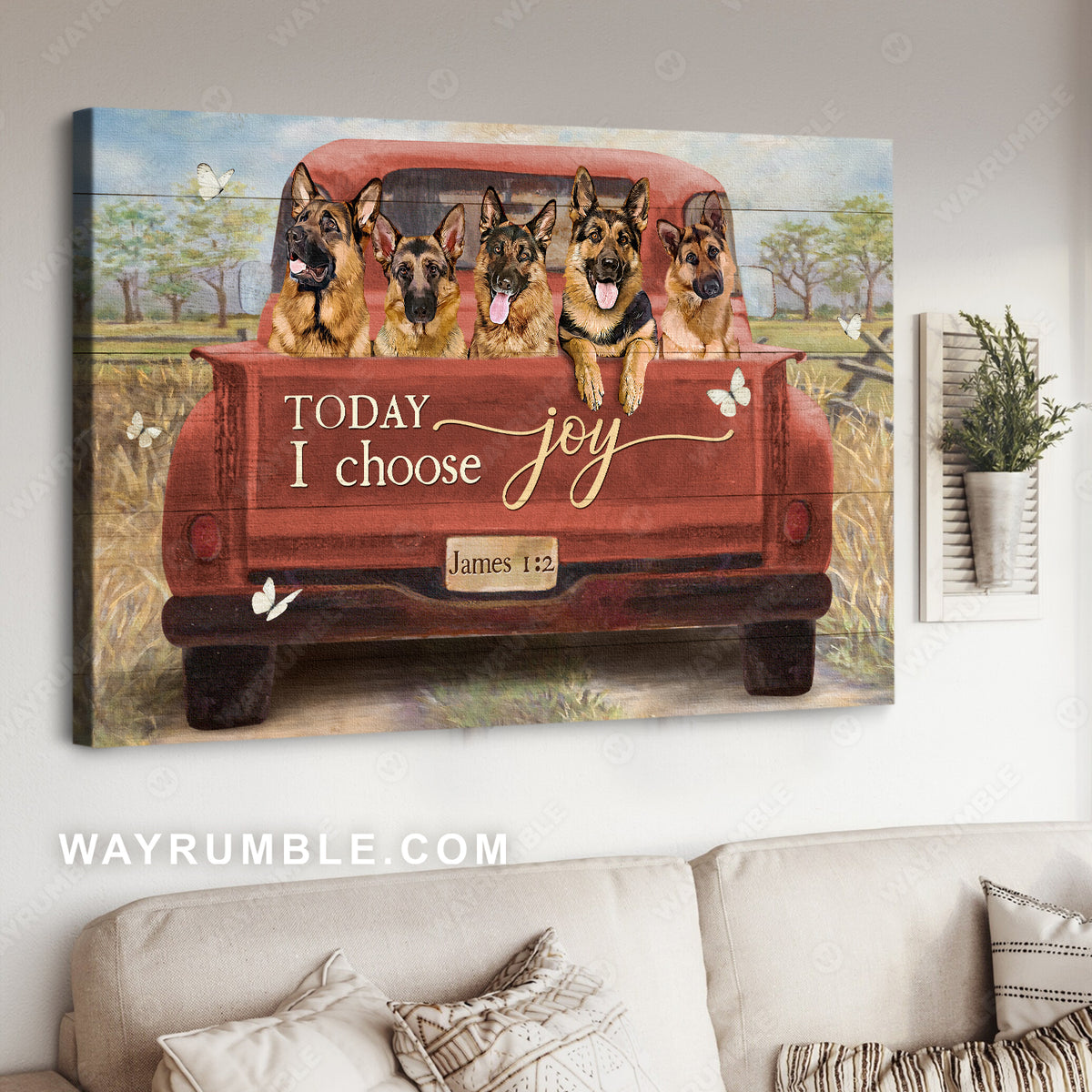 Cute German Shepherd, Red ladybug car, Farm drawing, Today I choose joy - Jesus Landscape Canvas Prints, Home Decor Wall Art