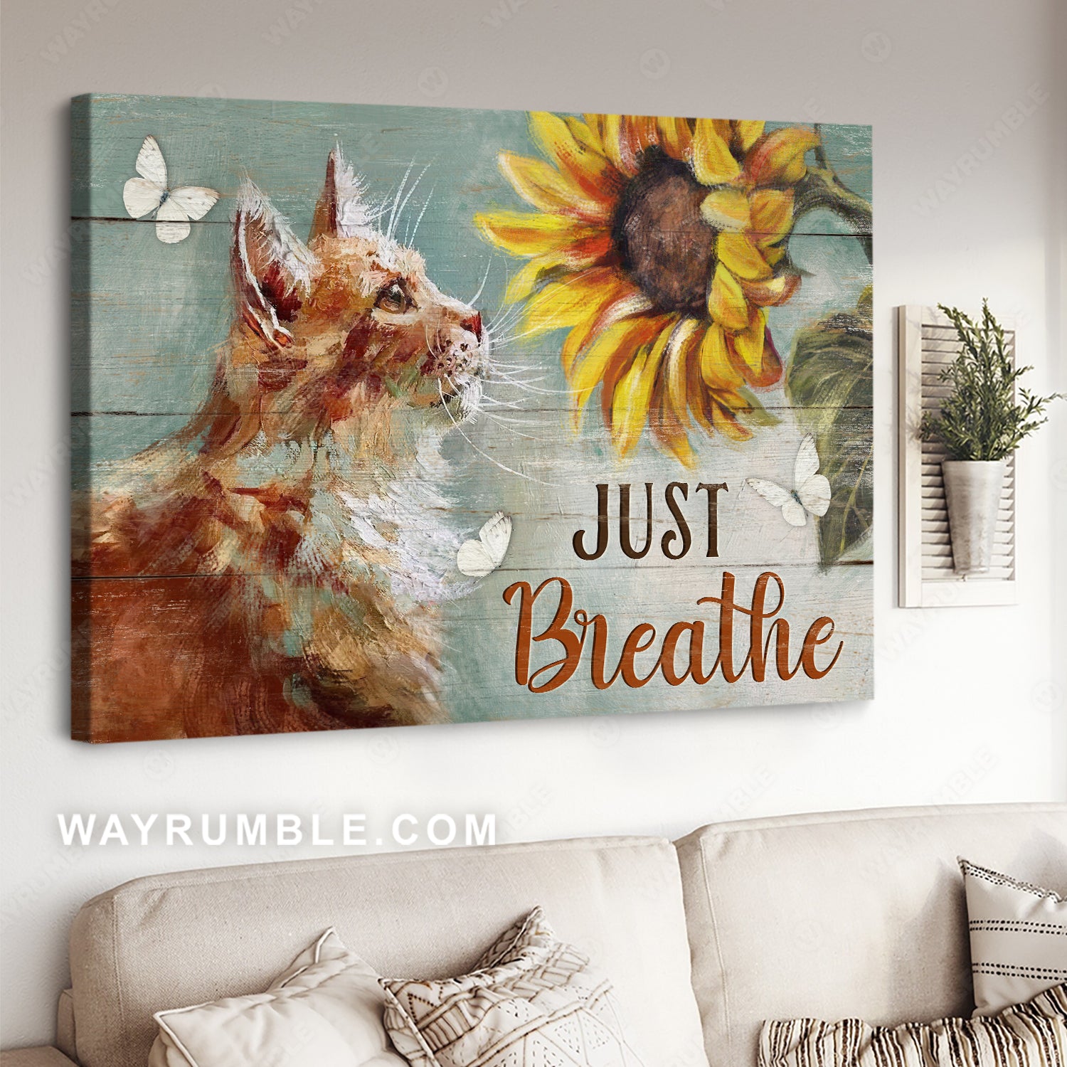 Gift for cat lover, Cute cat, Watercolor sunflower, Just breathe - Jesus Landscape Canvas Prints, Christian Wall Art