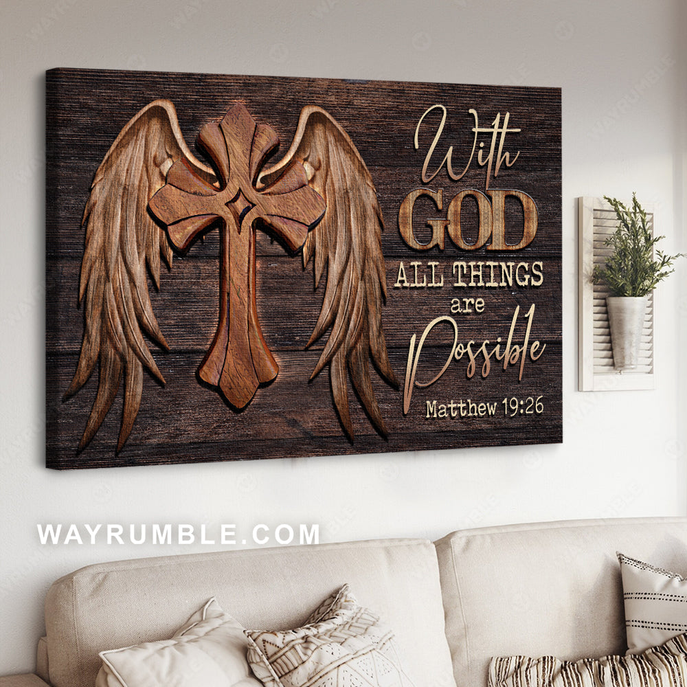 Angel wings, Unique cross, With God all things are possible - Jesus Landscape Canvas Prints, Christian Wall Art