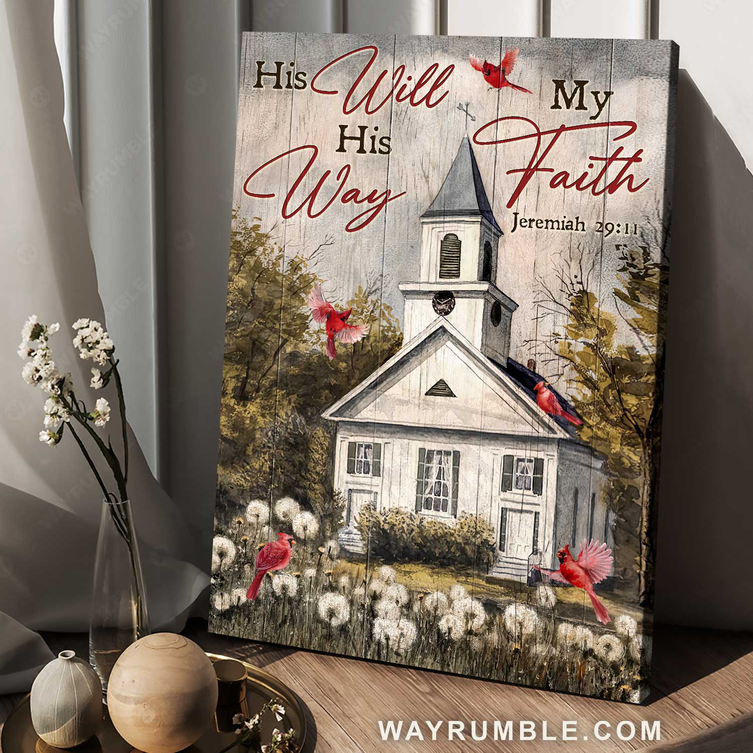 White church, Dandelion garden, Cardinal, His will, His way, My faith - Jesus Portrait Canvas Prints, Home Decor Wall Art