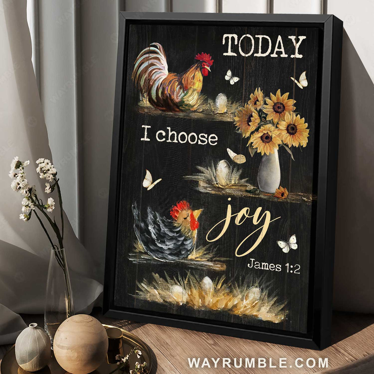 Watercolor rooster, Sunflower vase, Black background, Today I choose joy - Jesus Portrait Canvas Prints, Christian Wall Art