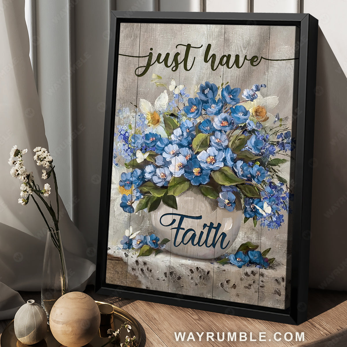 Gift for flower lover, Blue flower, Pretty butterfly, Just have faith - Jesus Portrait Canvas Prints, Home Decor Wall Art