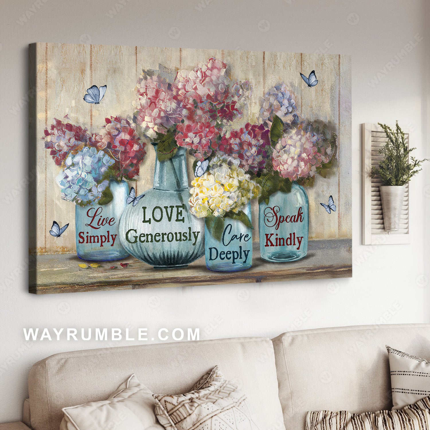 Colorful hydrangea, Blue butterfly, Live simply, Speak kindly - Jesus Landscape Canvas Prints, Home Decor Wall Art