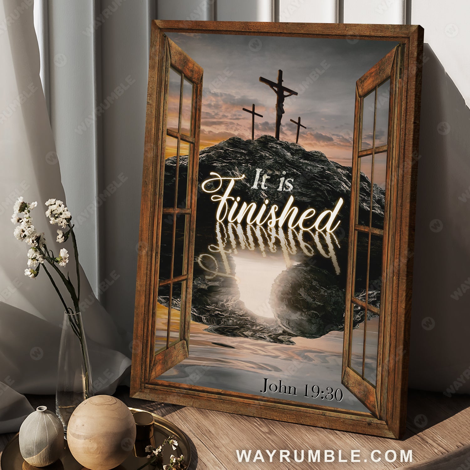 Black rock mountain, Wooden cross, Orange sunset, It is finished - Jesus Portrait Canvas Prints, Christian Wall Art