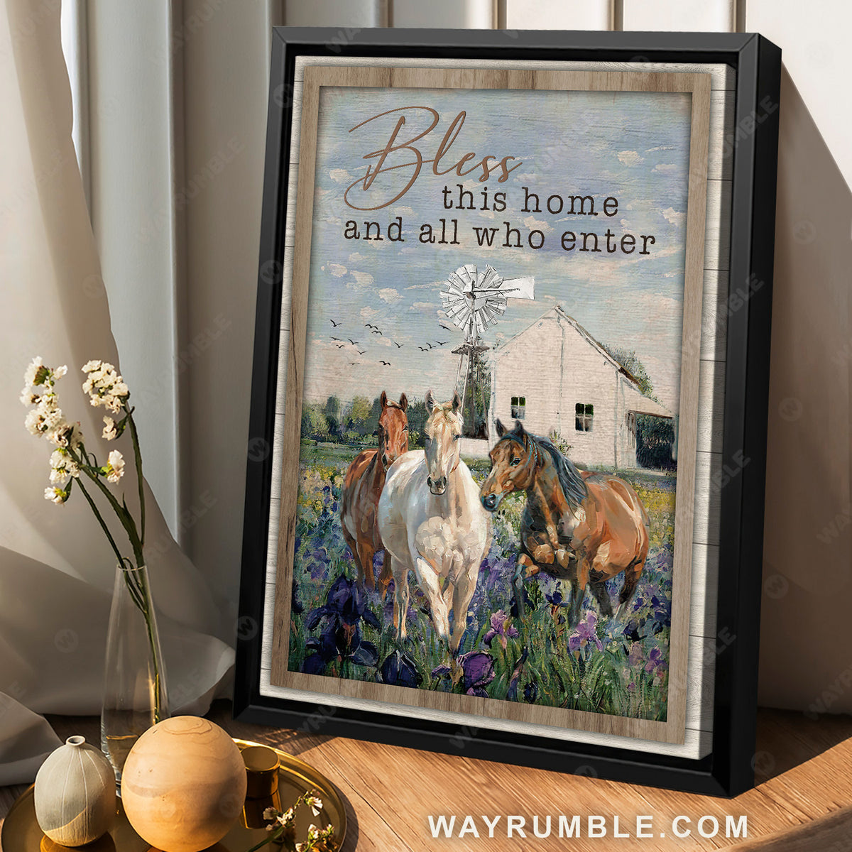 Quarter horses, Purple flower field, Windmill, Bless this home and all who enter - Jesus Portrait Canvas Prints, Christian Wall Art