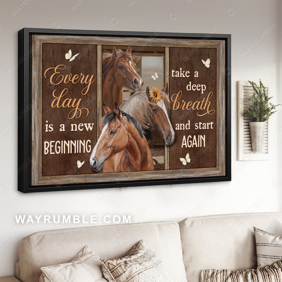 Horse artwork, White butterfly, Small sunflower, Every day is a new beginning - Jesus Landscape Canvas Prints, Home Decor Wall Art