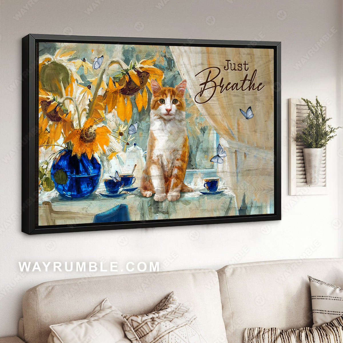 Happy cat, Sunflower vase, Still life painting, Just breathe - Jesus Landscape Canvas Prints, Home Decor Wall Art