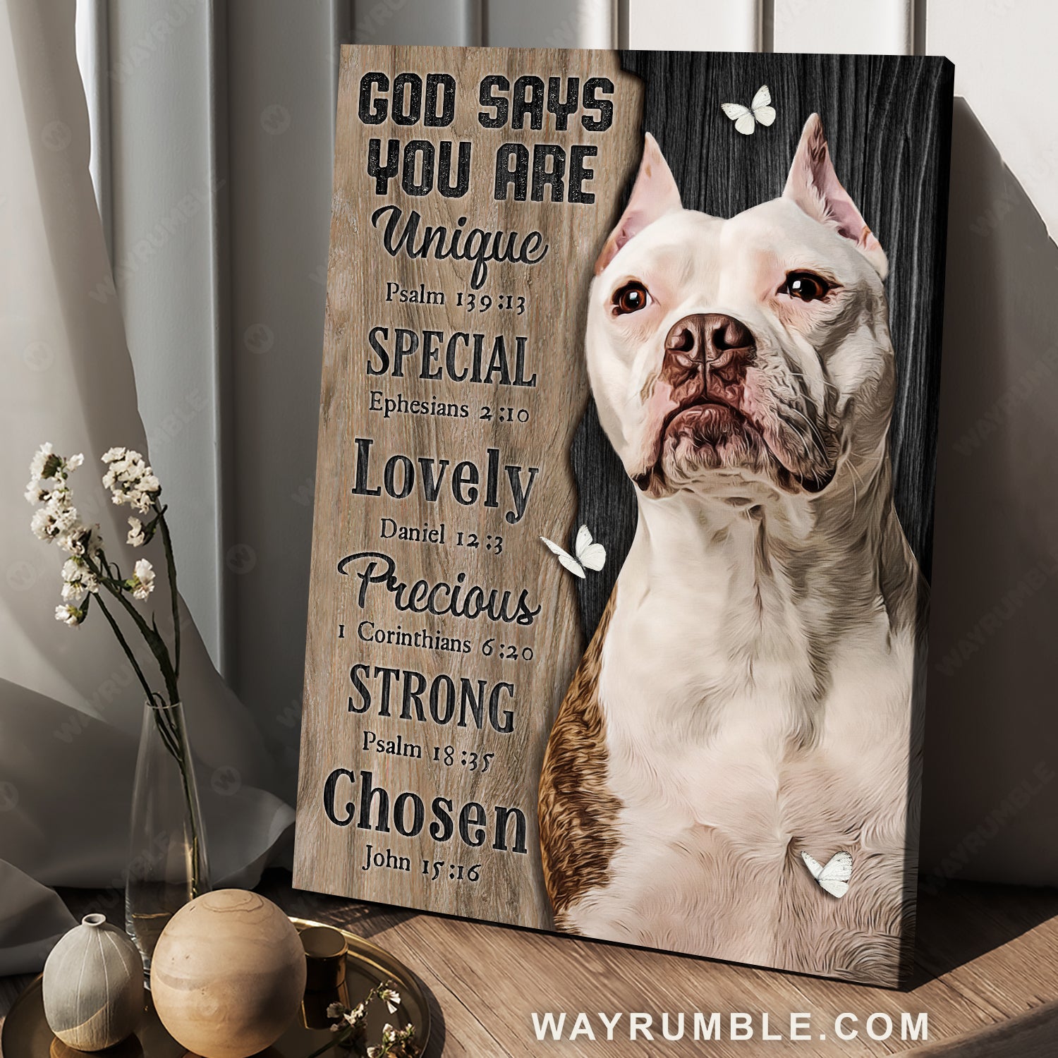Watercolor Pitbull drawing, White butterfly, God says you are unique - Jesus Portrait Canvas Prints, Home Decor Wall Art