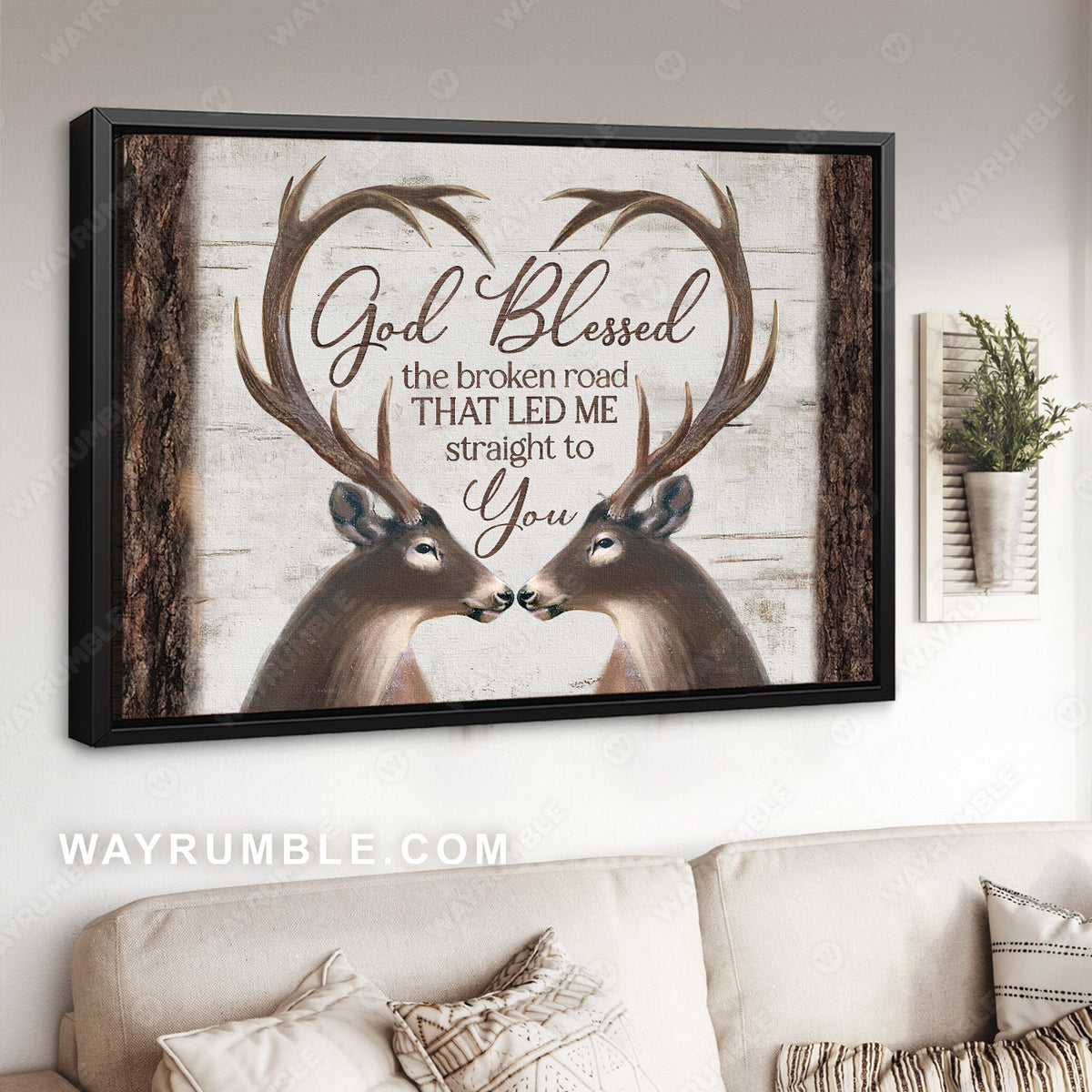 Deer painting, Brown heart, God blessed the broken road that lead me straight to you - Jesus Landscape Canvas Prints, Wall Art