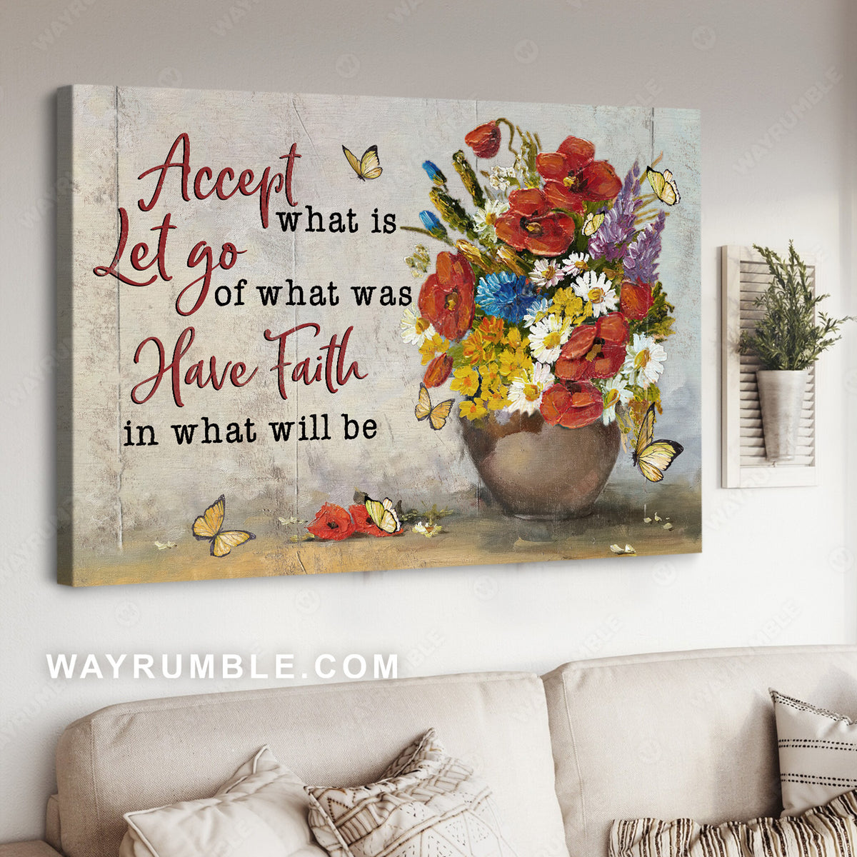 Watercolor red poppy, Pretty flower vase, Accept what is let go - Jesus Landscape Canvas Prints, Christian Wall Art