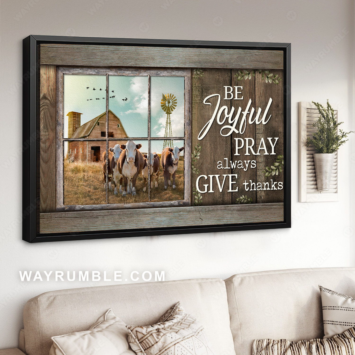 Dairy cow, Blue sky, Vintage window, Old farm, Be joyful, Pray always, Give thanks - Jesus Landscape Canvas Prints, Christian Wall Art