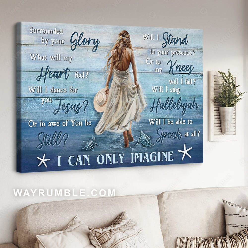 Beautiful girl, White dress, Sea turtle, Walking on water, I can only imagine - Jesus Landscape Canvas Prints, Christian Wall Art
