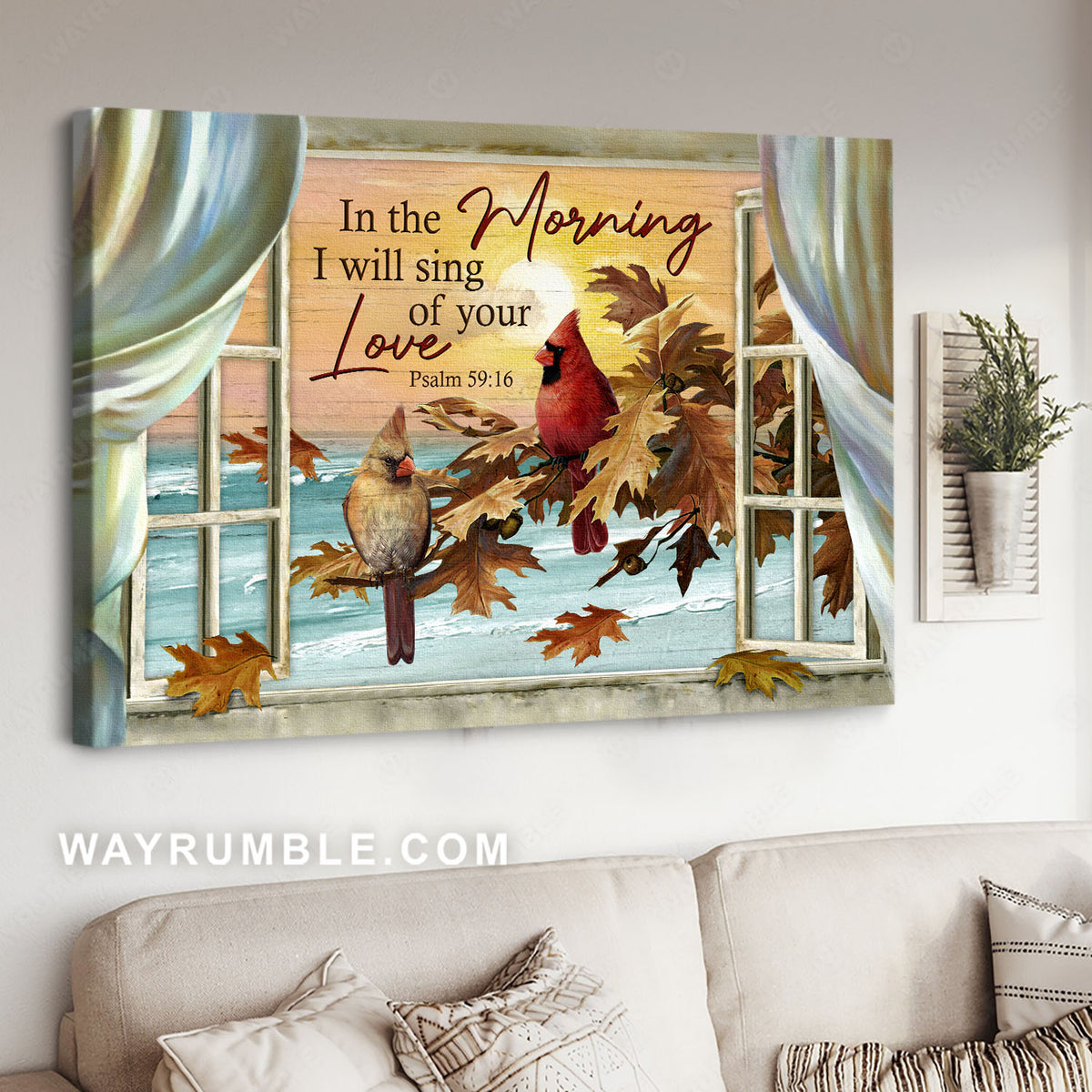 Sunset drawing, Pretty cardinal couple, In the morning I will sing of your love - Jesus Landscape Canvas Prints, Christian Wall Art