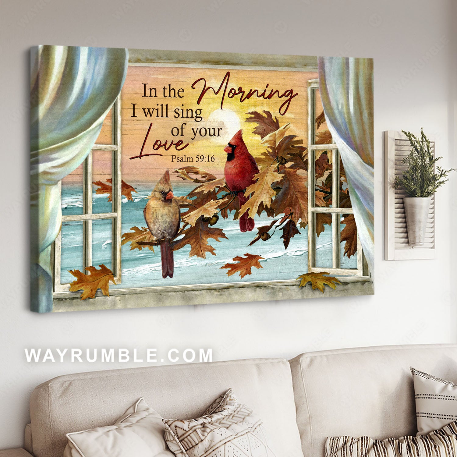 Sunset drawing, Pretty cardinal couple, In the morning I will sing of your love - Jesus Landscape Canvas Prints, Christian Wall Art