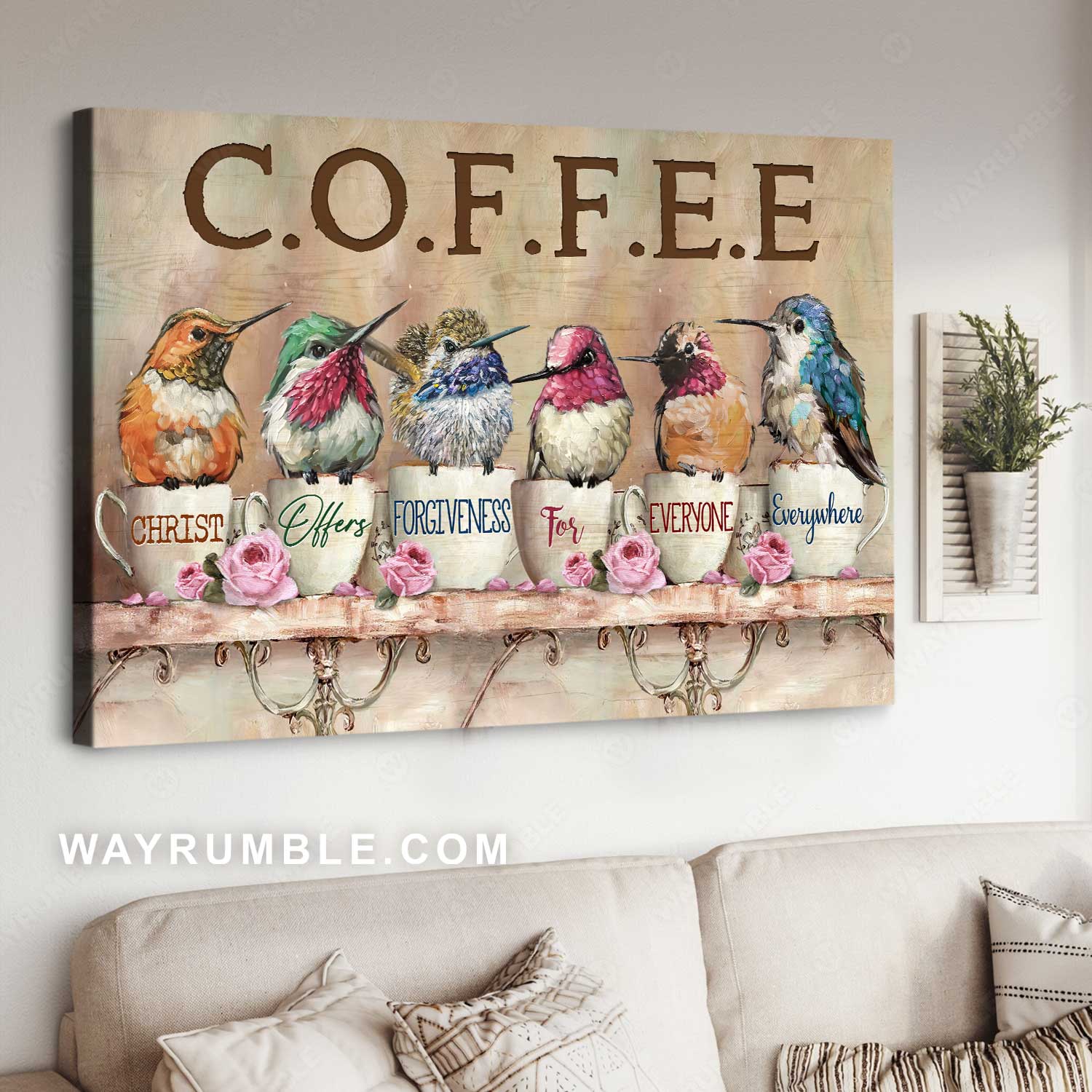 Colorful hummingbird, White coffee cup, Pink rose, Coffee - Jesus Landscape Canvas Prints, Home Decor Wall Art
