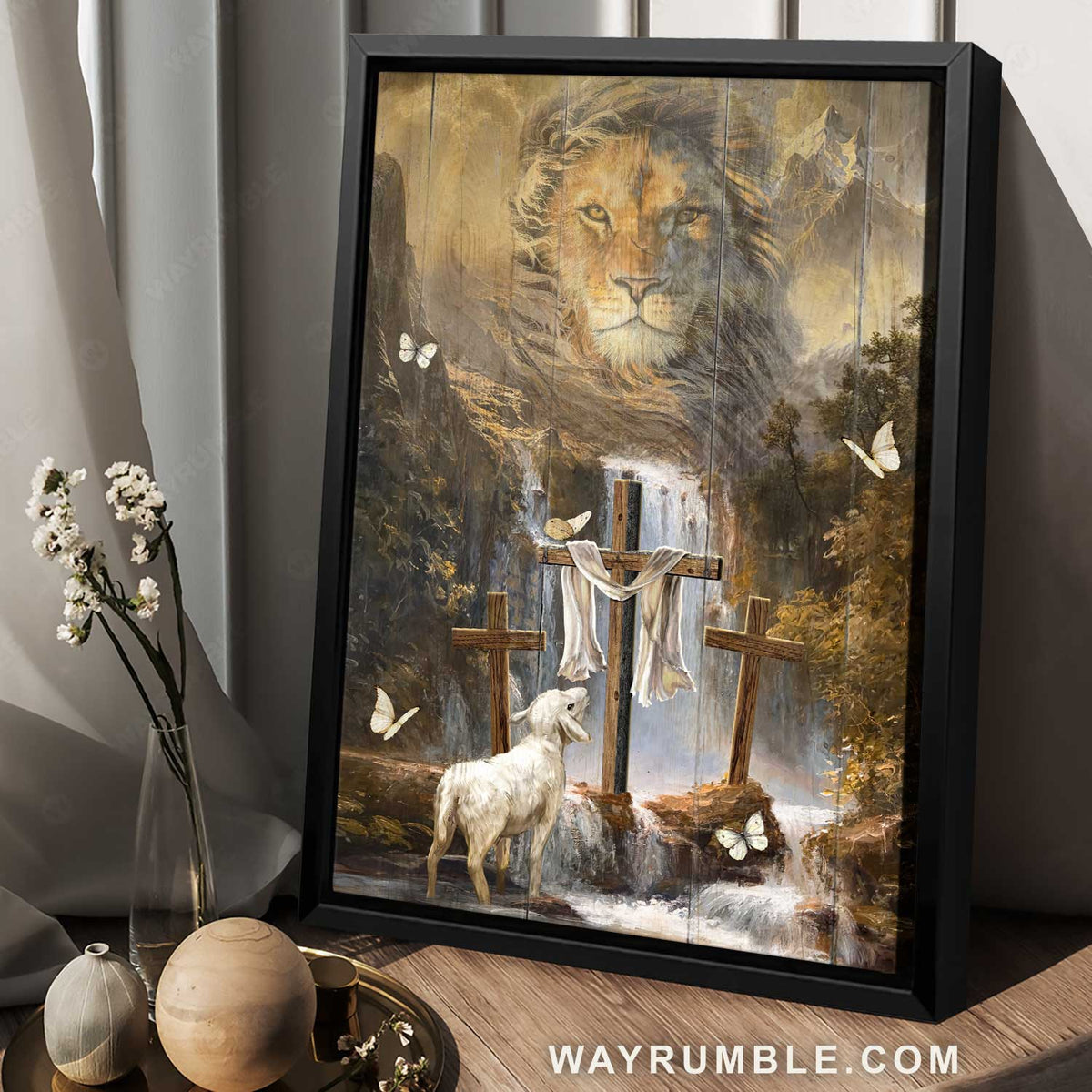 Lion of Judah, Stunning painting, Wooden cross, Lamb of God - Jesus Portrait Canvas Prints, Home Decor Wall Art
