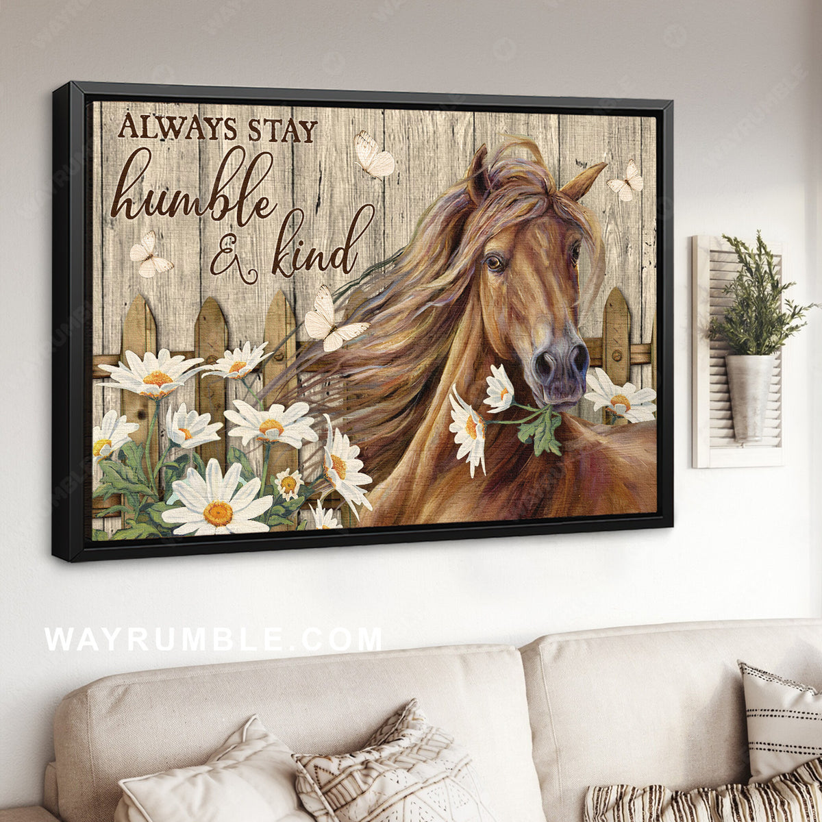 Stunning horse, Daisy garden, Wooden fence, Always stay humble and kind - Jesus Landscape Canvas Prints, Christian Wall Art
