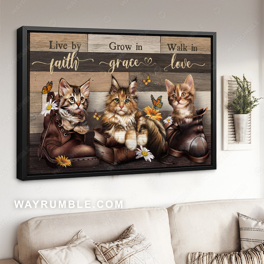 Vintage boots, Cute cat, Flower garden, Live by faith, Grow in grace - Jesus Landscape Canvas Prints, Christian Wall Art