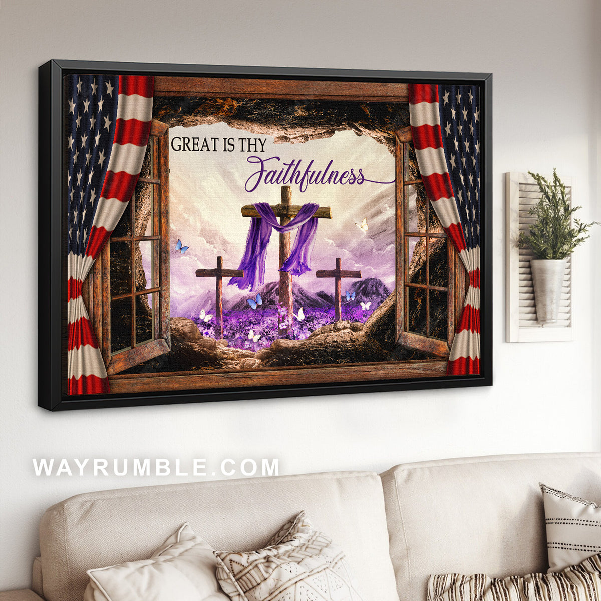 Purple silk, Stunning mountain, US flag, Great is thy faithfulness - Jesus Landscape Canvas Prints, Home Decor Wall Art