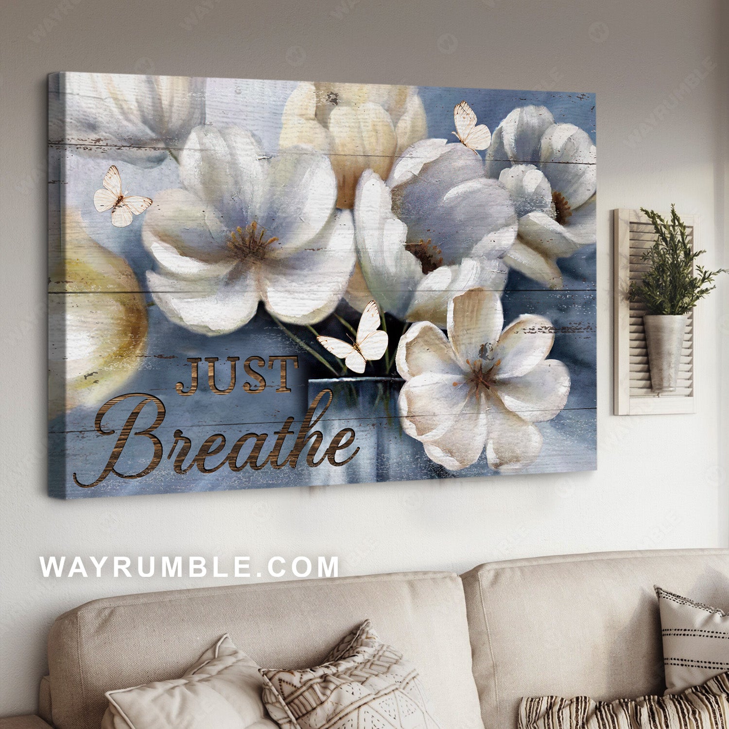 Beautiful flower, Blue background, Pretty butterfly, Just breathe - Jesus Landscape Canvas Prints, Home Decor Wall Art