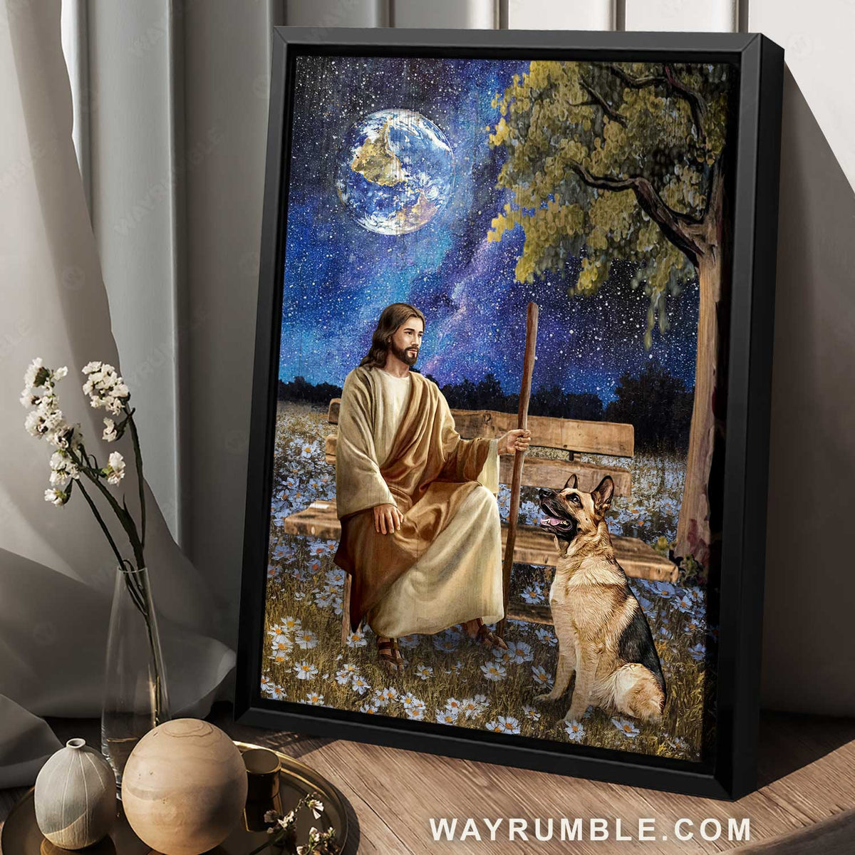 Galaxy artwork, German Shepherd dog, Beautiful night, Daisy field - Jesus Portrait Canvas Prints, Christian Wall Art