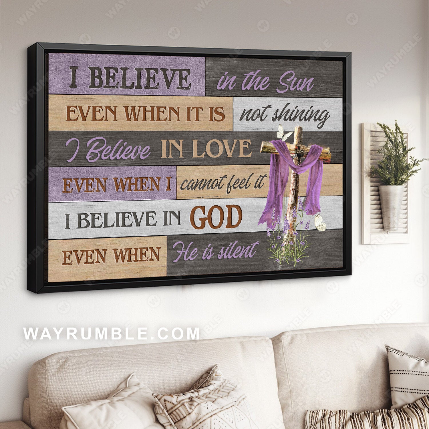 Beautiful cross, Lavender flower, Purple background, I believe in the sun - Jesus Landscape Canvas Prints, Christian Wall Art