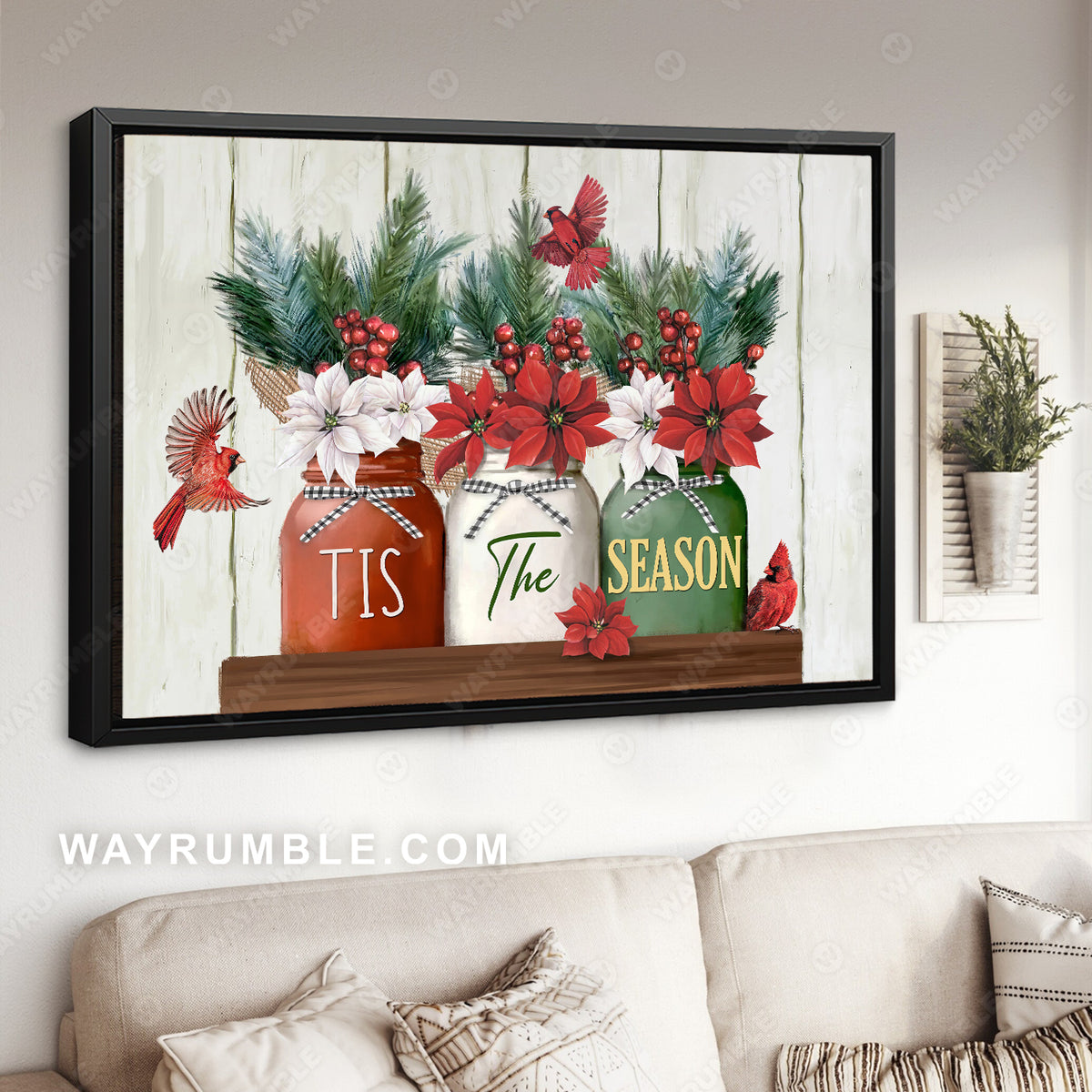 Pretty poinsettia flower, Cranberry drawing, Cardinal, Tis the season - Jesus Landscape Canvas Prints, Home Decor Wall Art