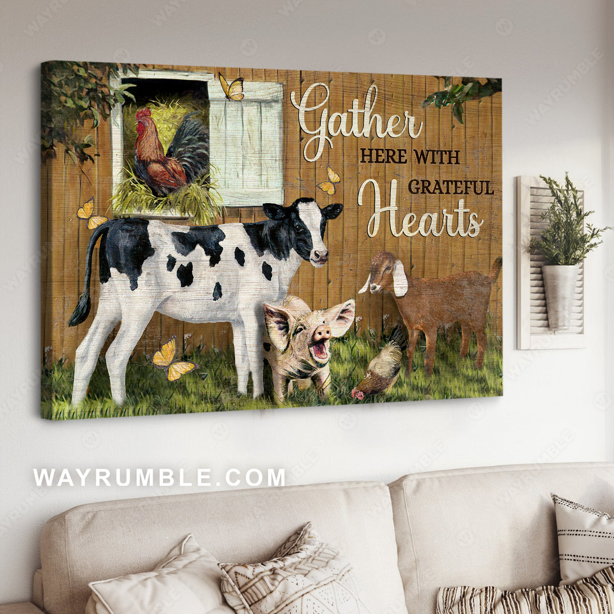Animal painting, Dairy cow, Butterfly, Gather here with grateful hearts - Jesus Landscape Canvas Prints, Christian Wall Art