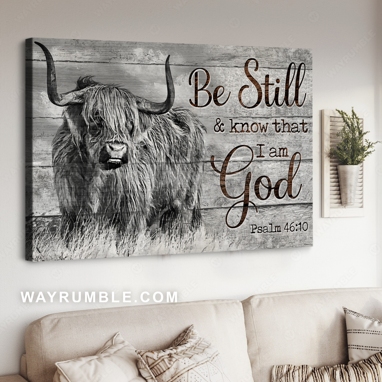 Highland cow, Farm painting, Be still and know that I am God - Jesus Landscape Canvas Prints, Home Decor Wall Art