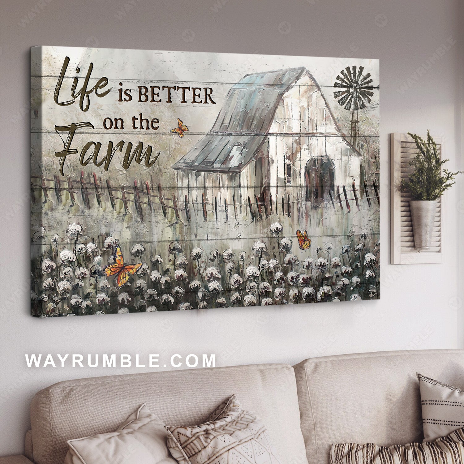 Watercolor house, Cotton flower field, Life is better on the farm - Jesus Landscape Canvas Prints, Home Decor Wall Art
