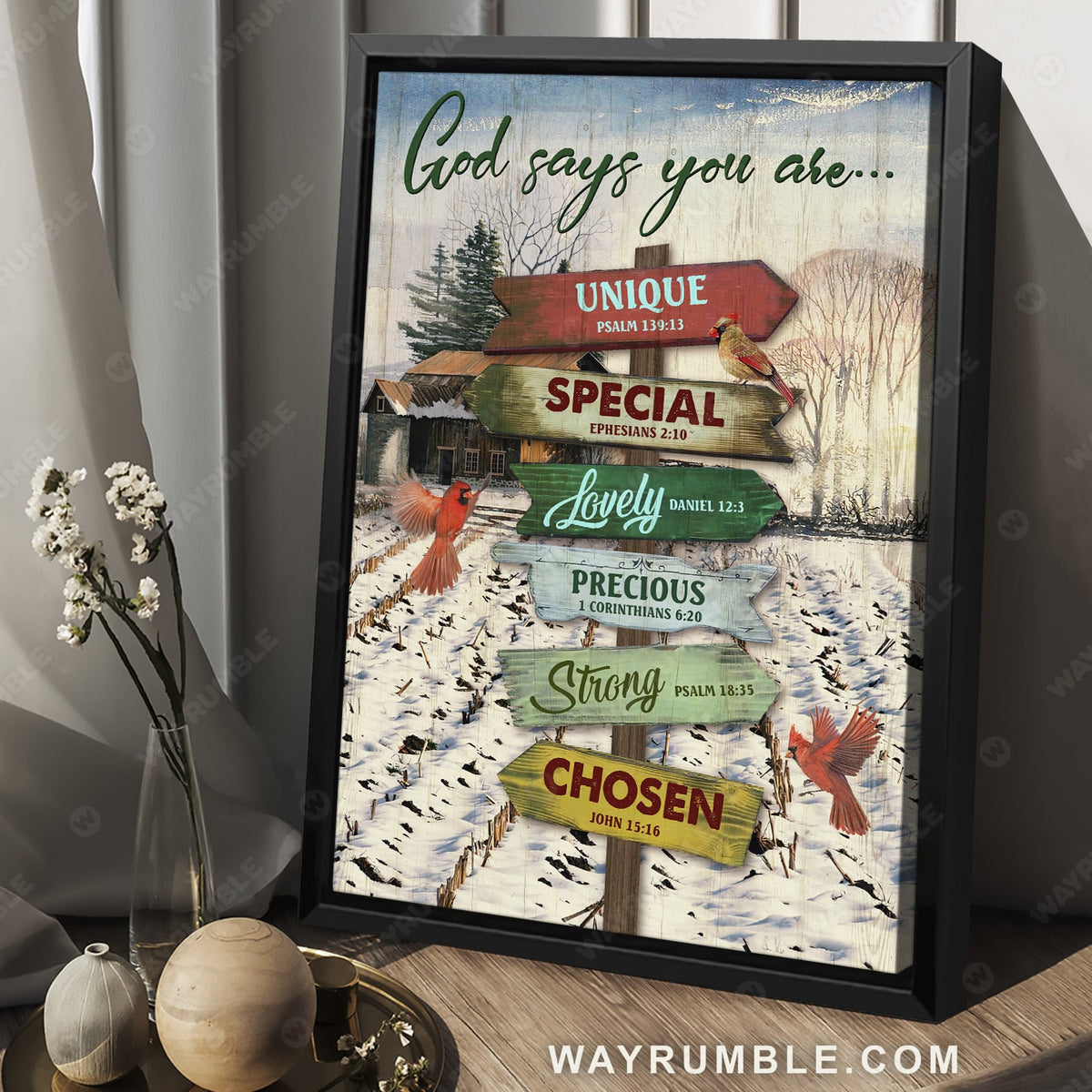 Snow field, Wooden sign, Red cardinal, God says you are unique - Jesus Portrait Canvas Prints, Christian Wall Art