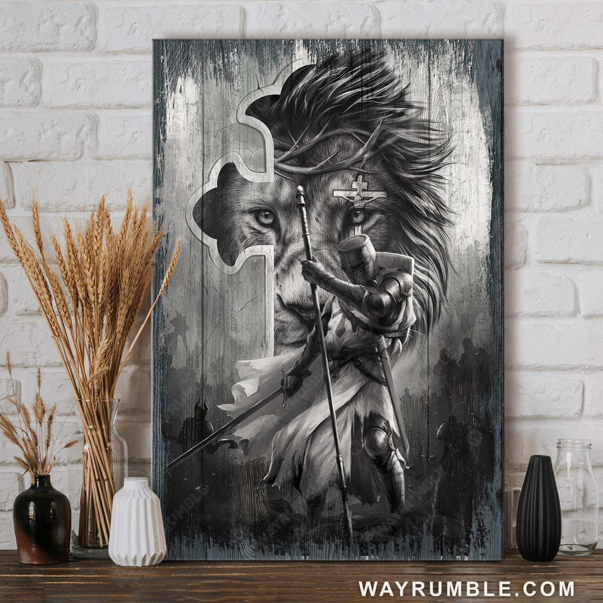 Knight painting, Lion of Judah and the Cross - Jesus Portrait Canvas Prints, Wall Art