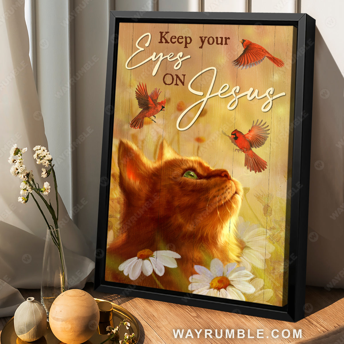 Cute cat, Cardinal birds, Keep your eyes on Jesus- Jesus Portrait Canvas Prints, Christian Wall Art