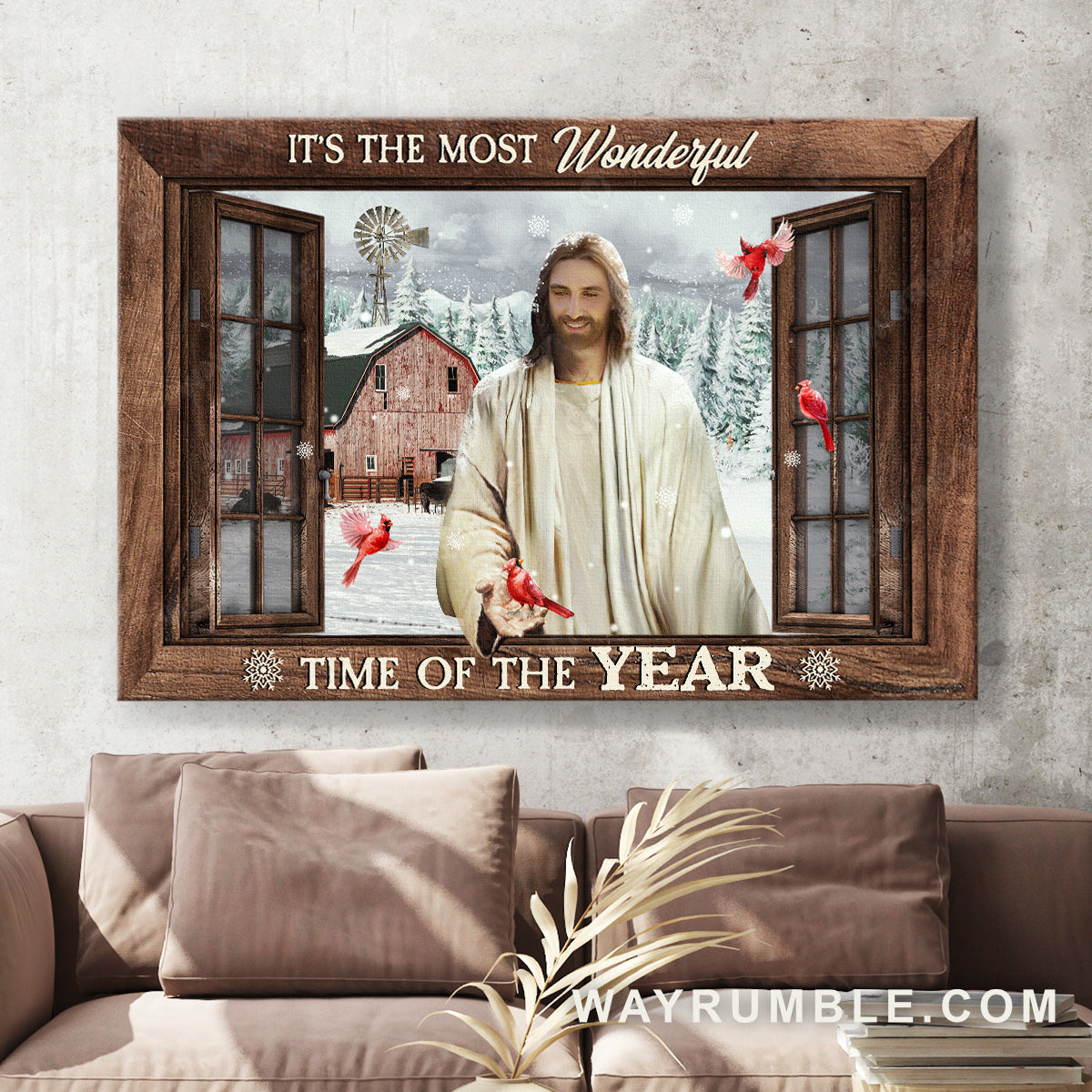 Stunning Jesus painting, Red cardinal, It&#39;s the most wonderful time of the year - Jesus Landscape Canvas Prints, Home Decor Wall Art