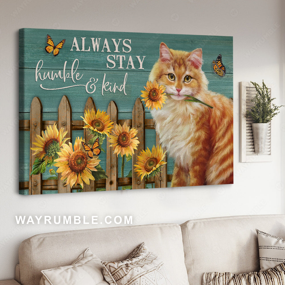 Brown cat painting, Sunflower garden, Wooden fence, Always stay humble - Jesus Landscape Canvas Prints, Christian Wall Art