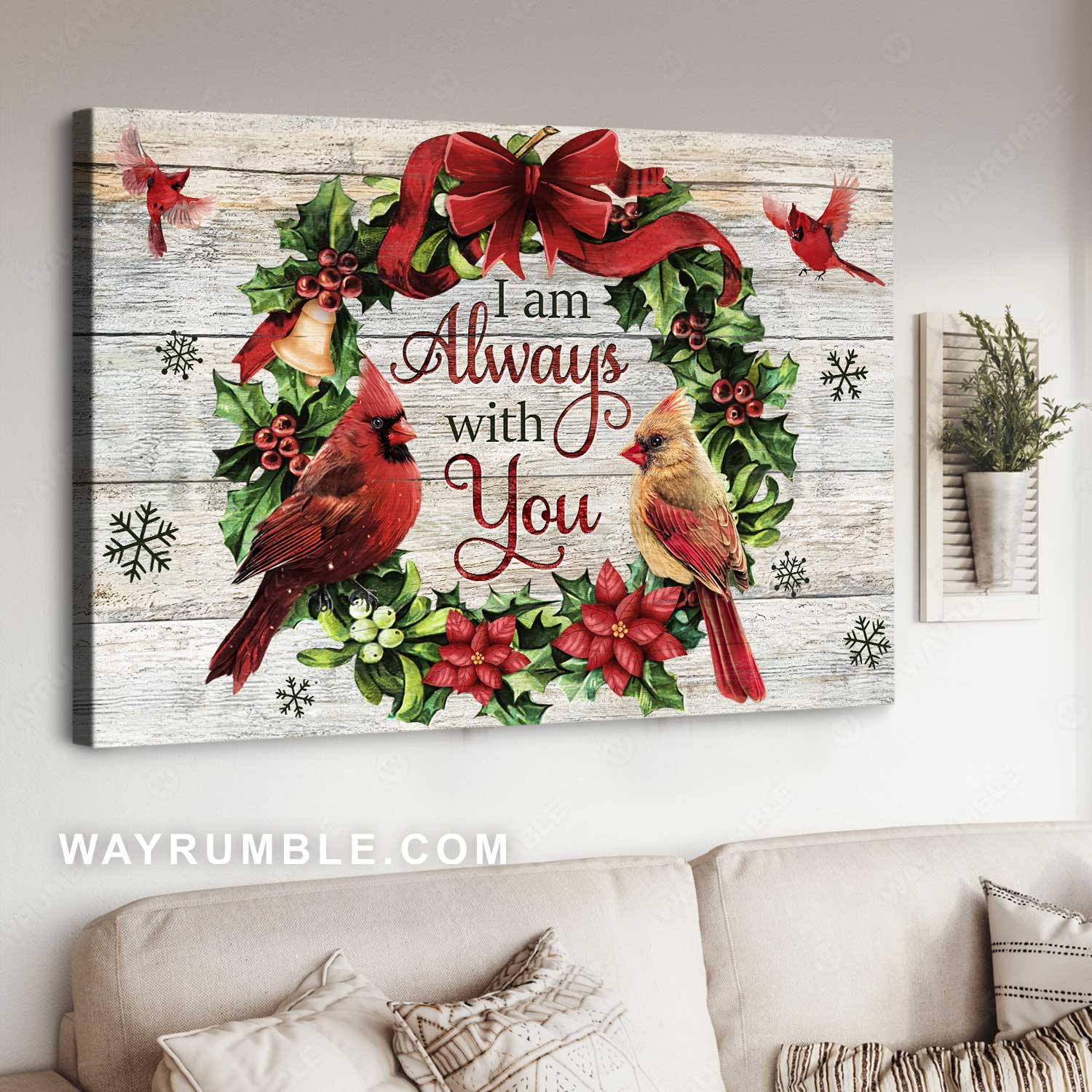 Christmas wreath, Lovely cardinal, Christmas is coming, I am always with you - Jesus Landscape Canvas Prints, Home Decor Wall Art
