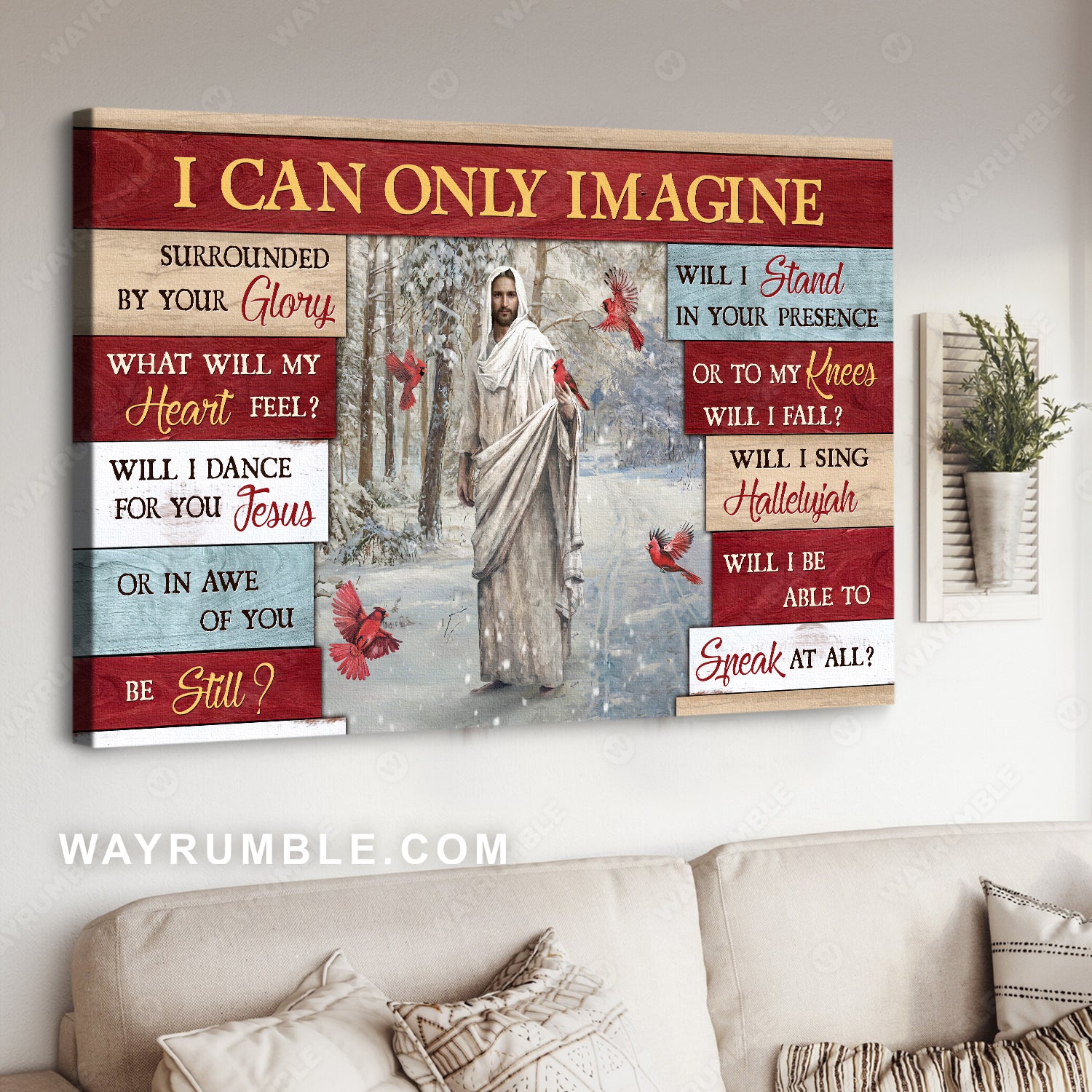 Winter forest, Stunning cardinal, Colorful background, I can only imagine - Jesus Landscape Canvas Prints, Home Decor Wall Art