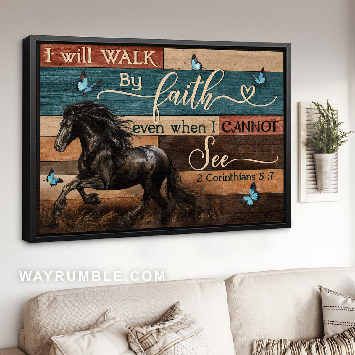 Horse drawing, Black horse, Blue butterfly, I will walk by faith - Jesus Landscape Canvas Prints, Home Decor Wall Art