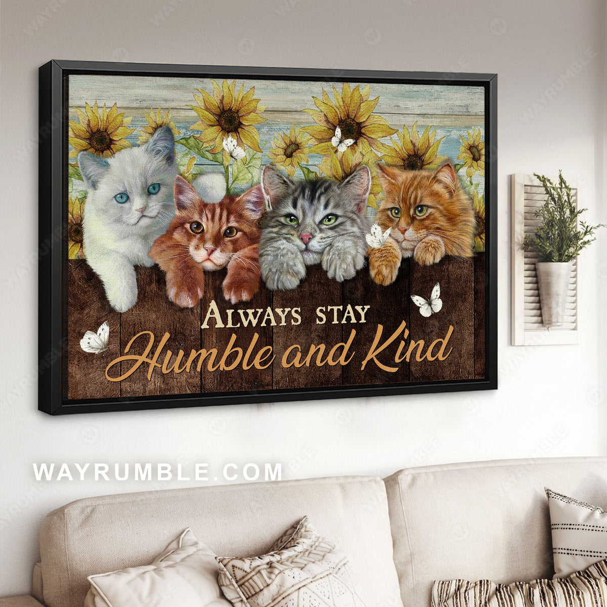Lovely cat painting, Sunflower frame, White butterfly, Always stay humble - Jesus Landscape Canvas Prints, Christian Wall Art