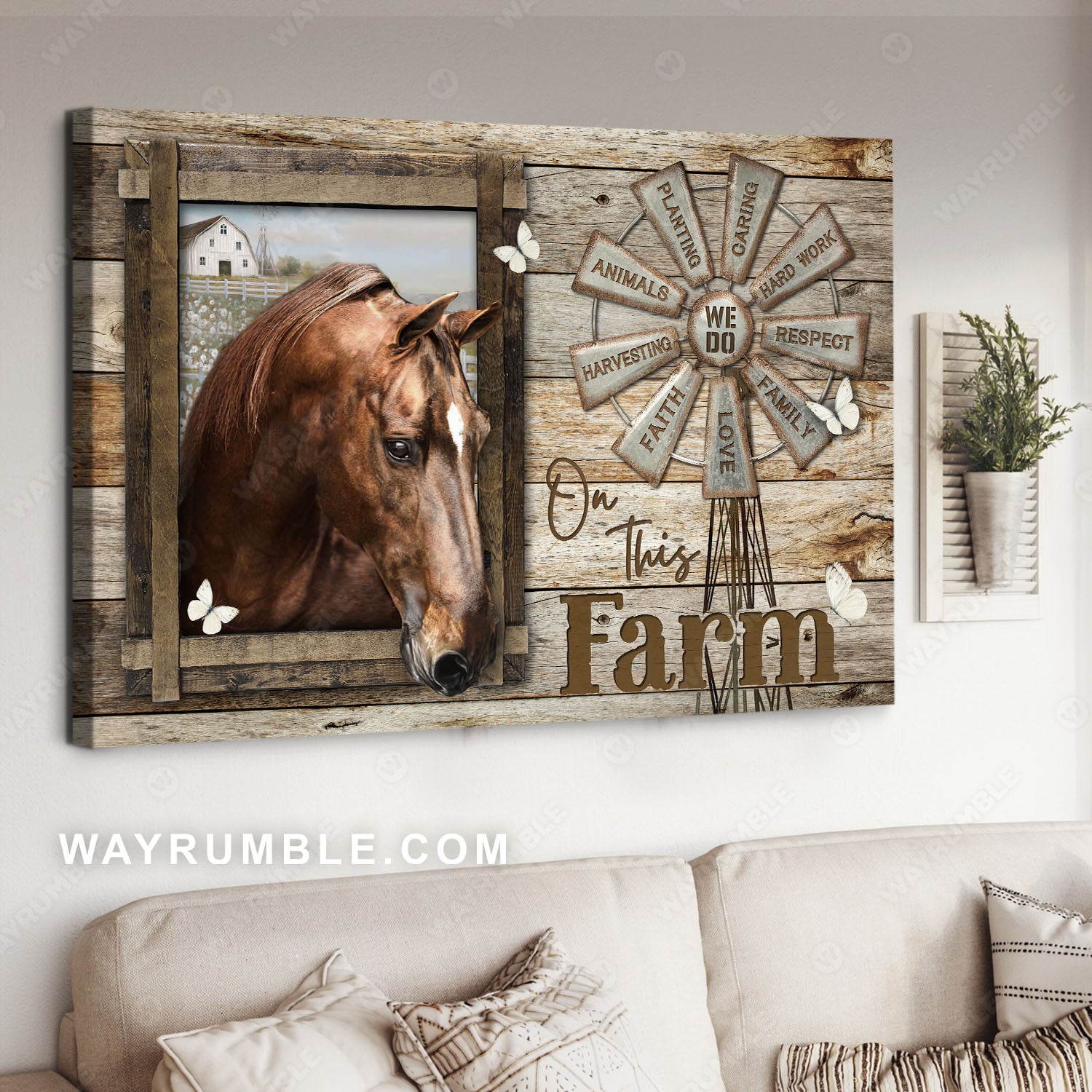 Brown horse drawing, Vintage windmill, Small window, On this farm - Jesus Landscape Canvas Prints, Christian Wall Art