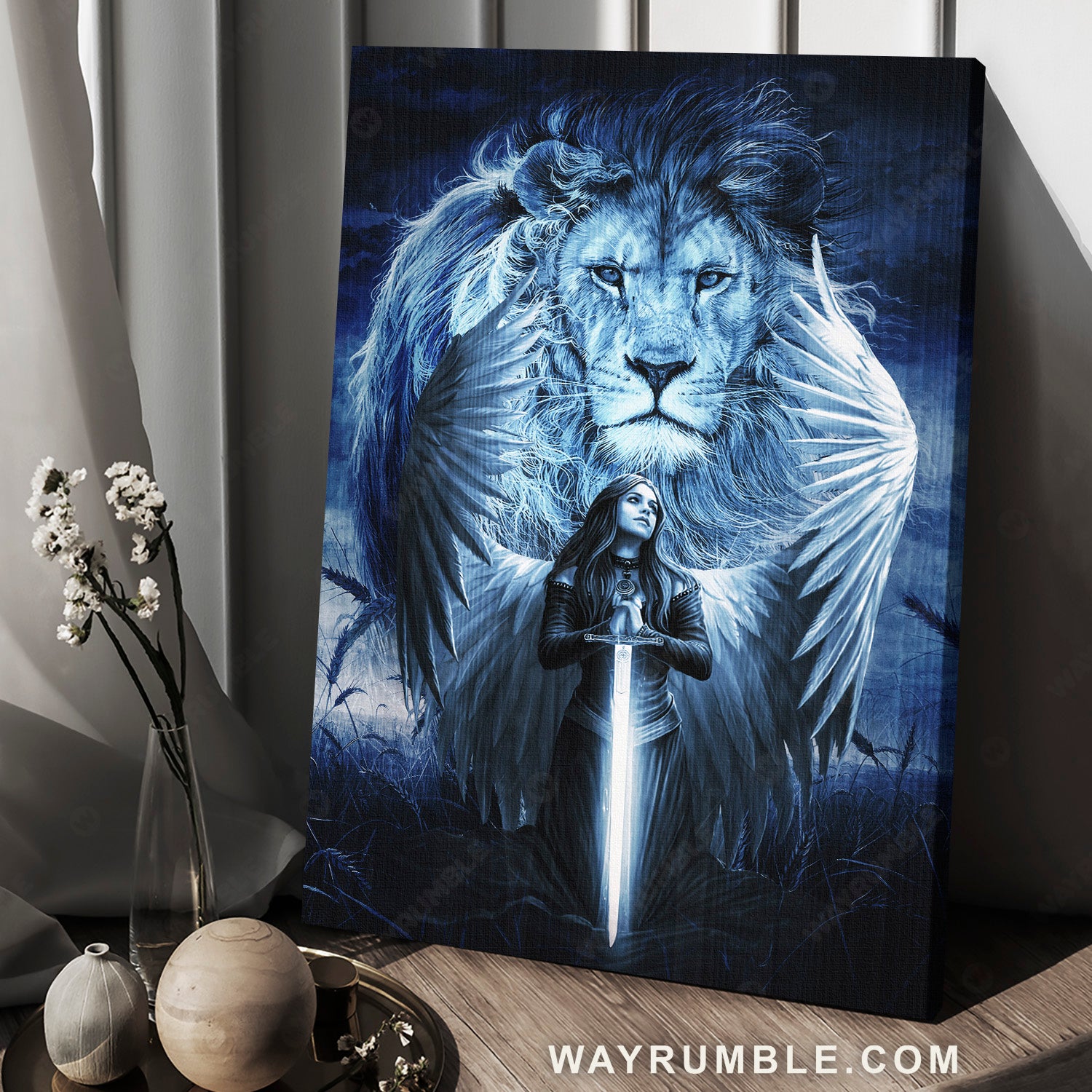 Blue night, Woman warrior, Lion of Judah, Stunning wings - Jesus Portrait Canvas Prints, Home Decor Wall Art