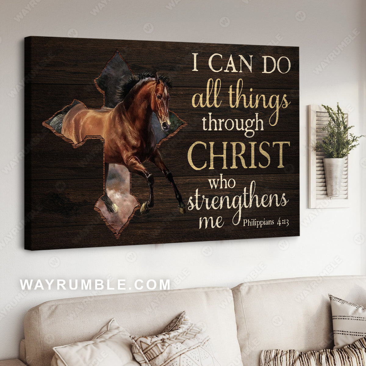 Running horse, Unique cross, I can do all things through Christ who strengthens me - Jesus Landscape Canvas Prints, Christian Wall Art
