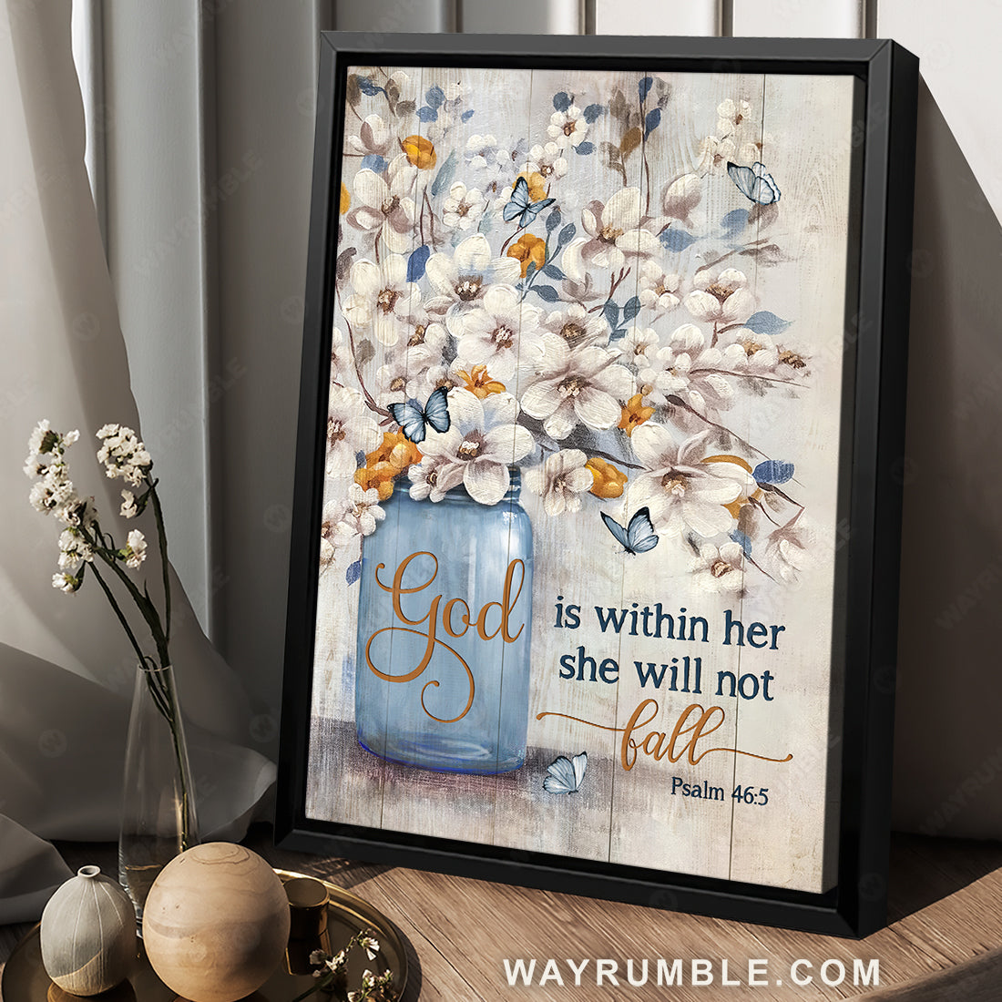 Jasmine flower, Blue vase, Butterfly drawing, God is within her - Jesus Portrait Canvas Prints, Christian Wall Art